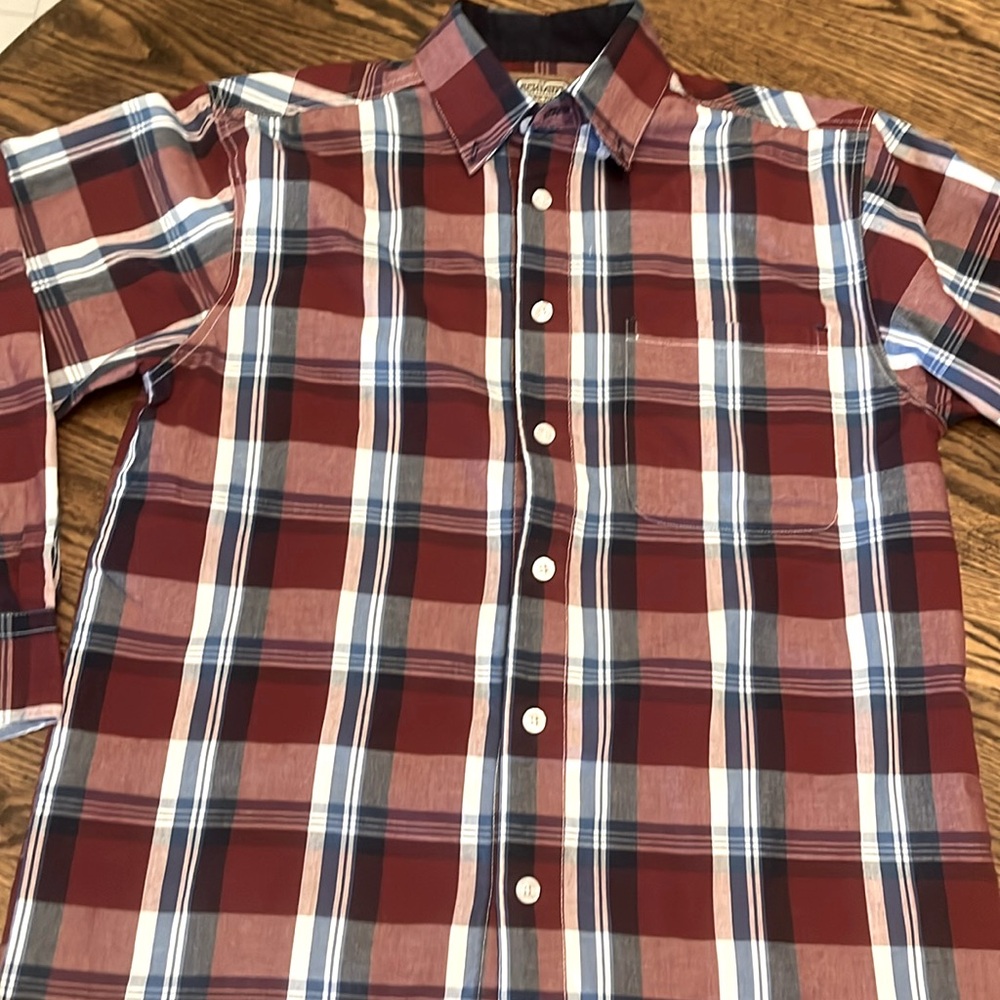 CE Schmidt mens button down shirt medium blue, white and maroon.